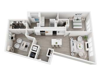 Floor plan layout of 1308 sf one-bedroom apartment with den space.