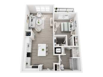 Floor plan layout of 749 sf one-bedroom apartment with a balcony.