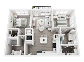 Floor plan layout of 978 two-bedroom apartment with two bathrooms and a balcony.