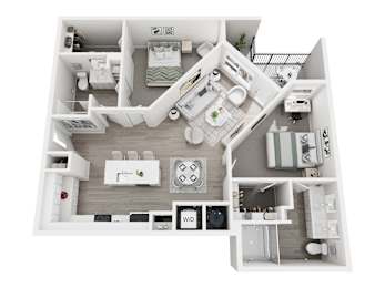 Floor plan layout of 1175 sf two-bedroom apartment with two bathrooms featuring dual shower and a balcony.