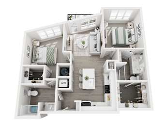Floor plan layout of 1082 sf two-bedroom apartment with two bathrooms and a balcony.