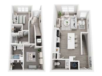 Floor plan layout of 1236 sf one-bedroom townhome apartment featuring two and one-half bathrooms, a den space, and patio.