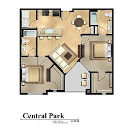 A floor plan of a Central Park apartment with a living room, kitchen, and dining area.