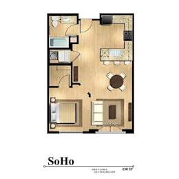 A floor plan of a 638 square foot SoHo apartment.
