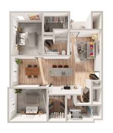 A 3D floor plan of a house showing the layout of the rooms.