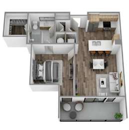 A 3D floor plan of a house with a kitchen, living room, and two bedrooms.