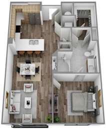 A floor plan of a two-story residential building with a living room, dining room, kitchen, and bedrooms.