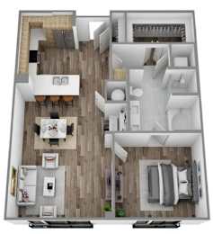 A top-down view of a house with a living room, kitchen, and bedrooms.