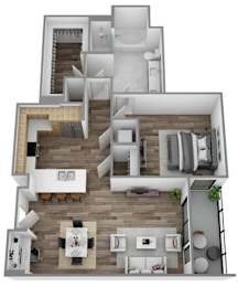 A 3D floor plan of a modern apartment with a living room, kitchen, and bedrooms.