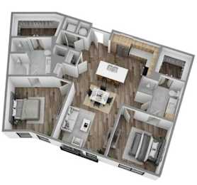 A 3D floor plan of a house with a kitchen, living room, and two bedrooms.