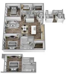 A floor plan of a house with three bedrooms, a living room, a kitchen, and a bathroom.