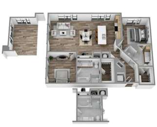 A 3D floor plan of a house with a kitchen, living room, and bedrooms.