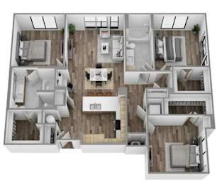 A 3D floor plan of a house with a kitchen, living room, and bedrooms.