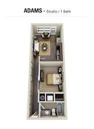 A diagram of a studio apartment with a bathroom.