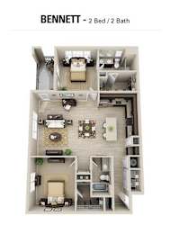A Bennett 2 Bed / 2 Bath apartment layout.