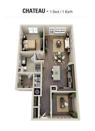 A floor plan of a chateau with one bed and one bath.