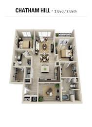 A 2 Bedroom, 2 Bathroom Chatham Hill apartment layout.