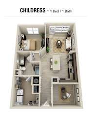 A floor plan of a child-friendly apartment with one bed and one bathroom.