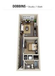 A studio apartment with a bathroom is shown in the image.