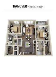 A floor plan of a two bedroom, two bathroom Hanover.
