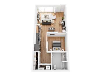 A top down view of a small apartment with a kitchen, living room and bathroom.