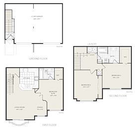 A floor plan of a two-story house with a garage and three bedrooms.