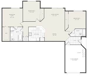 A floor plan of a house with three bedrooms, a living room, a kitchen, a dining room, a bathroom, a washing machine, a WC, and a car garage.