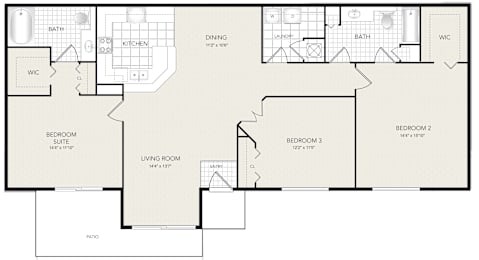 A floor plan of a house with a living room, dining room, kitchen, two bedrooms, a bathroom, a patio, and a WC.