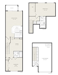 A floor plan of a house with a living room, kitchen, dining room, bedrooms and a garage.