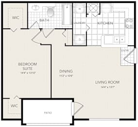 A floor plan of a home with a bedroom suite, living room, kitchen, and bathroom.
