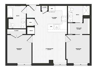 A black and white floor plan of an apartment with two bedrooms, a living room, a kitchen, a bathroom, and a balcony.