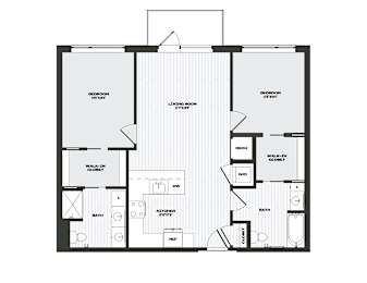 A black and white floor plan of an apartment with two bedrooms, a living room, a kitchen, a bathroom, a walk-in closet, and a garage.