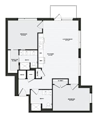 A black and white floor plan of a house with a living room, kitchen, bathroom, and bedrooms.