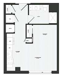 A floor plan of a living room, kitchen, and bathroom.