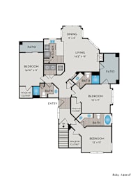 A floor plan of a home layout with a living room, two bedrooms, a bathroom, a patio, and a walk-in closet.