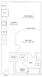 Floor plan layout of 585 sf studio apartment with separated living and sleeping space.