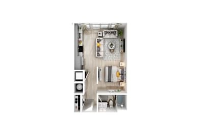 A top-down view of a small, neatly organized apartment with a kitchen, living room, and bathroom.