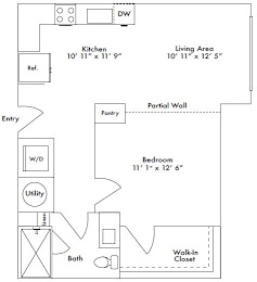 Floor plan layout of 632 sf studio apartment.