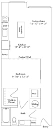 Floor plan layout of 745 sf studio apartment.