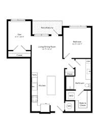 A floor plan of a house with a den, living/dining room, kitchen, bathroom, and bedroom.