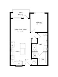 A floor plan of a small apartment with a living room, kitchen, bathroom, and bedroom.