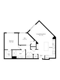 A black and white drawing of a house with a living and dining room.