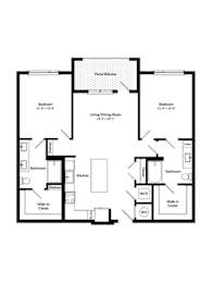 A floor plan of a house with two bedrooms, a living room, a kitchen, a bathroom, and a walk-in closet.