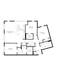 A black and white floor plan of a house with three bedrooms and a living room.