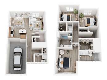 two views of a floor plan of a house with a car