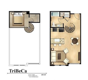 A floor plan of a TriBeCa apartment with a living room, kitchen, and bedrooms.