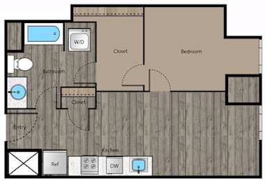 A floor plan of a house with a bathroom, kitchen, and bedroom.