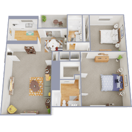 A 3D floor plan of a house with a kitchen, living room, dining room, and bedrooms.