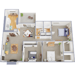 A 3D floor plan of a house with a living room, kitchen, dining room, and bedrooms.