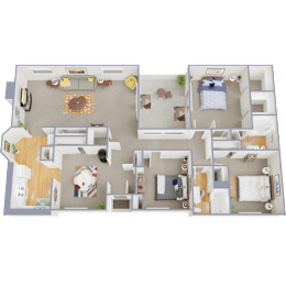 A 3D floor plan of a house with multiple rooms and furniture.